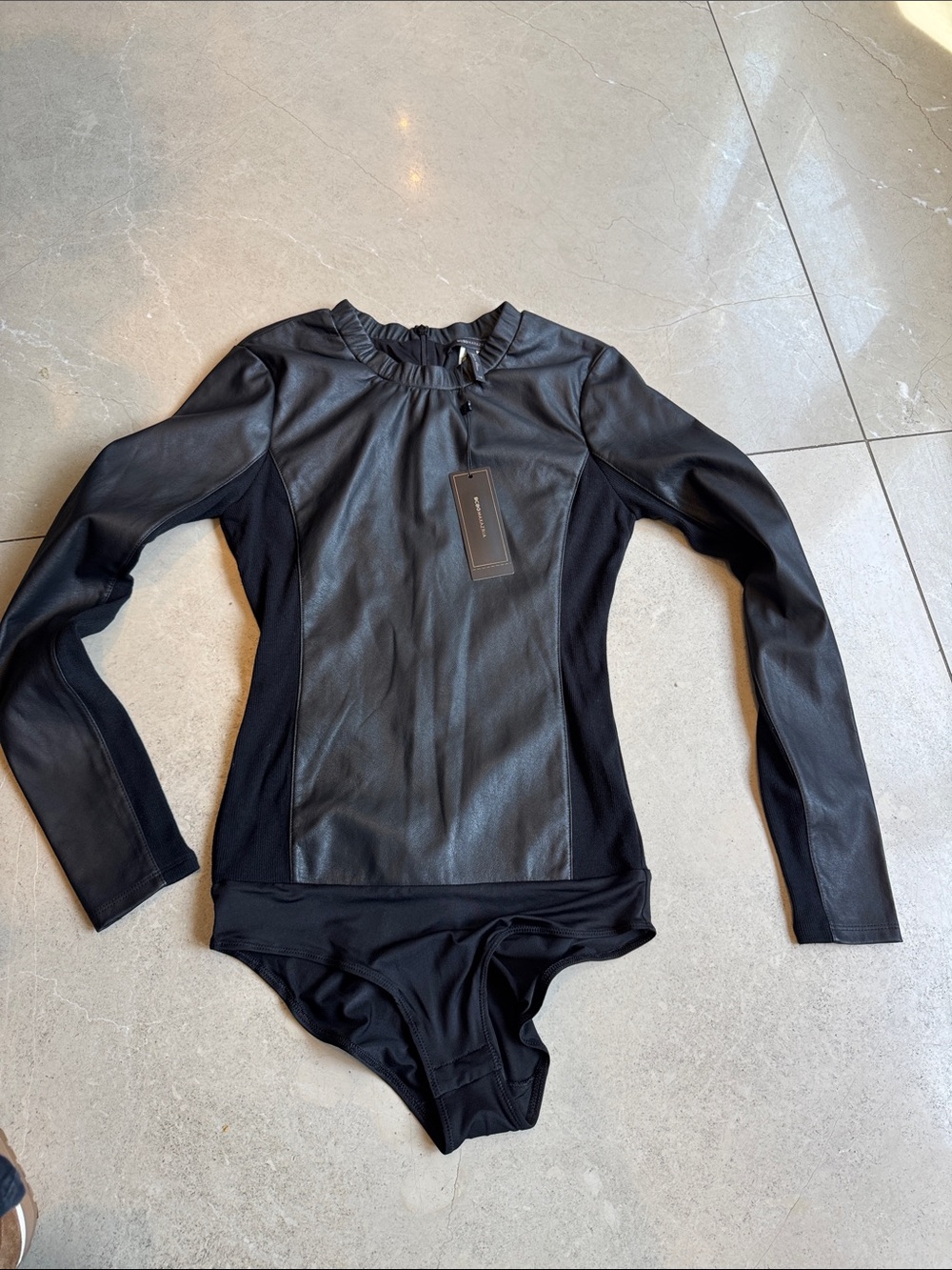 Black Long Sleeve Faux Leather Bodysuit